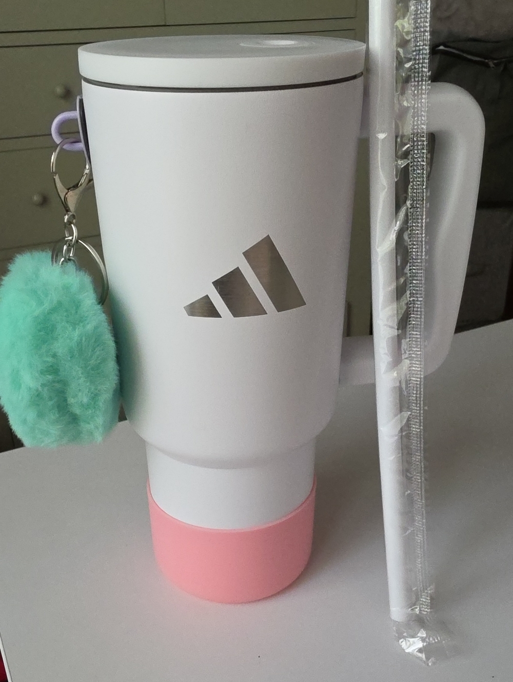 Adidas Travel Water Tumbler. Includes Heart Pom Keychain & Charms